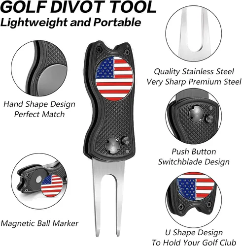 Miniatura 2 de FINGER TEN Herramienta de reparación de golf Divot y marcador de bola, paquete económico, plegable de acero inoxidable magnético con botón