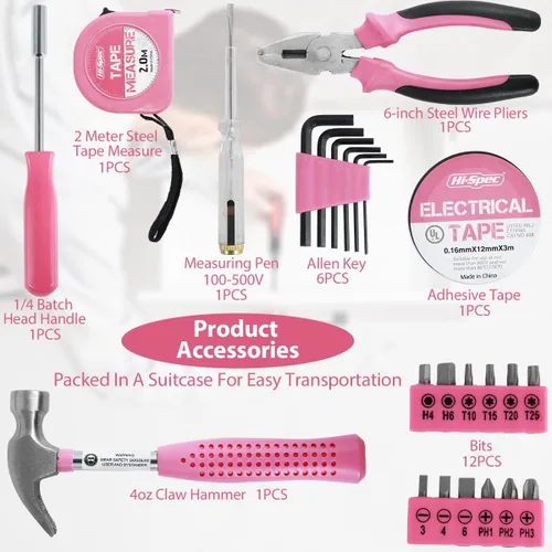 Miniatura 3 de Kit de herramientas de bricolaje para el hogar de 24 piezas, color rosa, para mujeres, juego de mini caja de herramientas compacta con herramientas