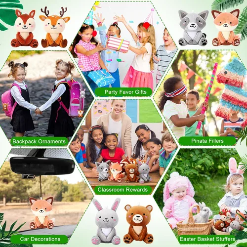Miniatura 6 de 12 piezas de mini animales de peluche del bosque a granel de 4 pulgadas, lindos animales de peluche, oso, conejo, mapache, zorro, ciervo, para baby