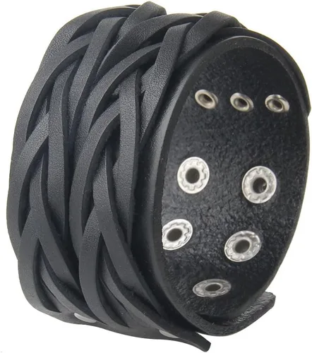 Miniatura 51 de Jeilwiy Pulseras de cuero punk para hombres, pulseras hechas a mano, brazalete ancho, joyería trenzada, color negro y marrón, ajustable, regalos