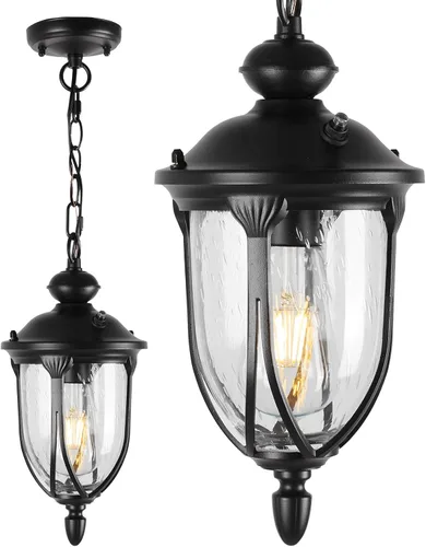JYZ Farol Colgante Vintage para Exteriores de Anochecer a Amanecer, Lámpara Colgante Exterior Rústica de 15 Pulgadas con Vidrio Granulado,