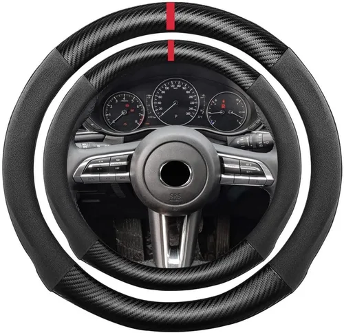 Miniatura 11 de Funda de volante de ante con fibra de carbono de K LAKEY, compatible con Porsche 718 Boxster Cayman 911 Panamera Macan Cayenne de 15 pulgadas, cuero