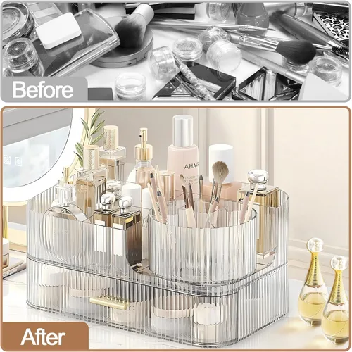 Miniatura 4 de DASITON Organizador de Maquillaje con Cajones y Soporte Giratorio para Brochas de Maquillaje, Organizador de Cosméticos Apilable de Gran Capacidad