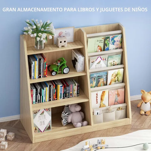Miniatura 6 de EXPERLAM Estantería para niños y organizador de almacenamiento de juguetes, estante de libros de madera de 4 niveles con soporte para libros en sala