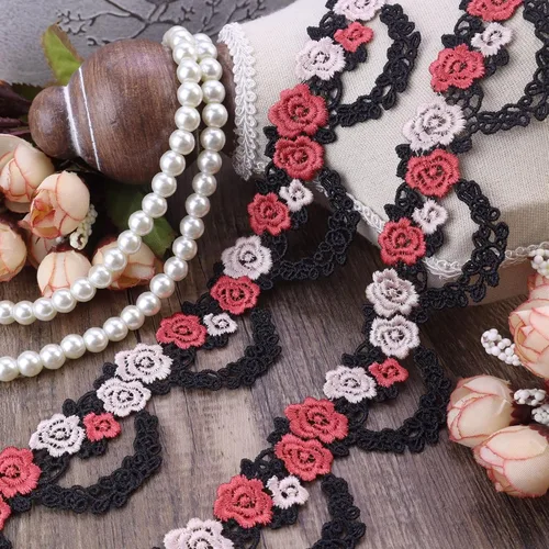 Miniatura 3 de Cinta de encaje bordada con flores negras para coser manualidades, boda, 3.5 yardas