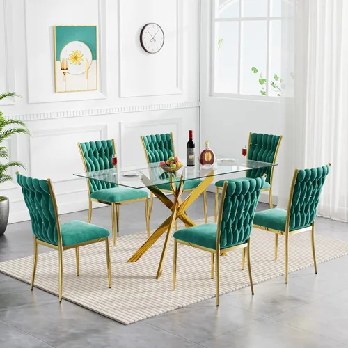 Miniatura 21 de Juego de mesa de comedor de cristal para cocina de 4, 5 piezas, mesa de comedor rectangular de 51 pulgadas con 4 sillas de cocina de terciopelo