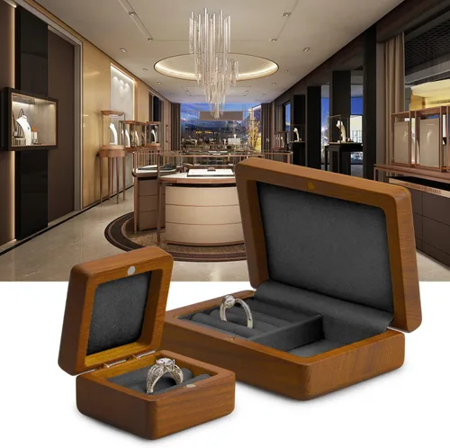 Miniatura 2 de Woodten Caja de anillo de boda de madera maciza Caja de anillo doble de madera cuadrada para propuesta