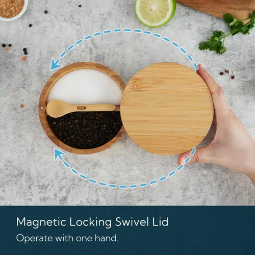 Miniatura 4 de KITCHENDAO Caja de bambú para sal y pimienta, recipiente dividido, cuchara de servir integrada para evitar el polvo, tapa giratoria para mantenerse