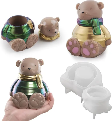 Actvty Molde de resina para tarro de oso, molde de silicona para tarro con tapa, moldes de fundición de epoxi de oso 3D, caja de baratijas, tarro de