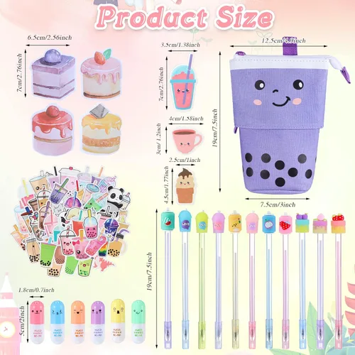 Miniatura 2 de Sabary Kawaii - Juego de papelería – Bolsa telescópica para lápices Boba, lápiz de tinta de gel, resaltador de píldoras de té de burbujas