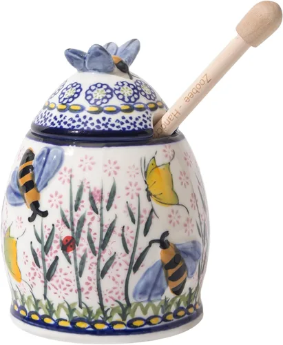Miniatura 13 de ZOOBEE Tarro de miel de cerámica de 10 onzas con tapa y tapa pintada a mano con diseño natural, pequeño recipiente portátil para miel para cocina