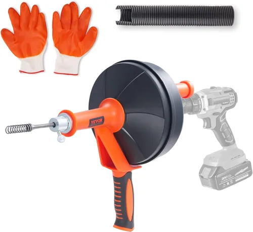 VEVOR Barrena de drenaje de 25 pies, serpiente de fontanería con accesorio de taladro, desagüe de serpiente para cocina, baño, fregadero de ducha