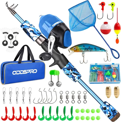 Miniatura 20 de ODDSPRO Caña de pescar para niños, color rosa, kit combinado de caña de pescar telescópica portátil y carrete - con caja de aparejos de pesca