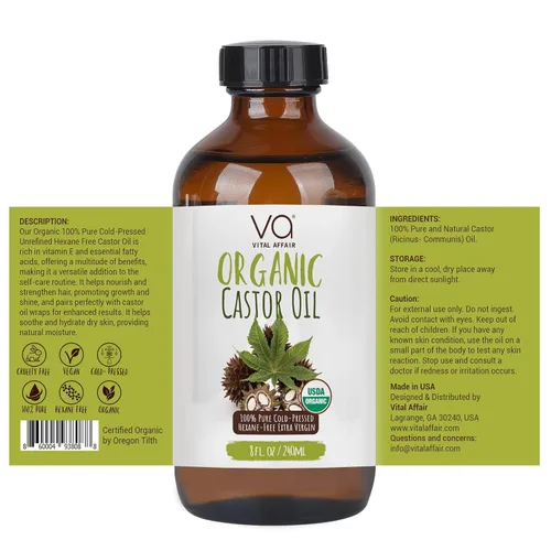 Miniatura 5 de Aceite de ricino orgánico prensado en frío sin refinar de VITAL AFFAIR en botella de vidrio - Aceite de ricino certificado por la USDA