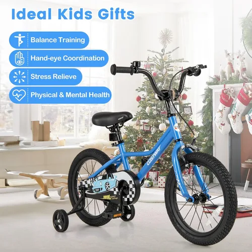 Miniatura 7 de COSTWAY Bicicleta para niños de 12/14/16/18 pulgadas, bicicleta de entrenamiento para niños y niñas con ruedas de entrenamiento extraíbles, Azul