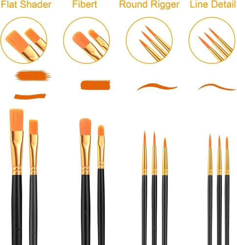 Miniatura 2 de AROIC Juego de pinceles de pintura acrílica, 2 paquetes/20 cepillos de pelo de nailon para todo uso, pintura al óleo, acuarela, pintura, kits Negro