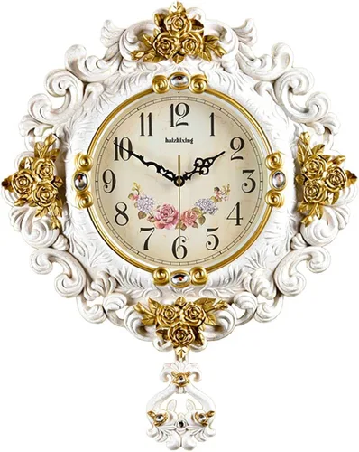 Miniatura 8 de Reloj de pared Silencioso Estilo Europeo Sala de estar Decoración del Hogar Dormitorio Relojes de Cuarzo Flor Tallado Retro Swing Reloj