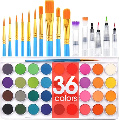 Juego de pintura de acuarela de 36 colores AROIC, juego de acuarela con 10 pinceles de nailon y 6 pinceles de agua recargables. Perfecto para 36