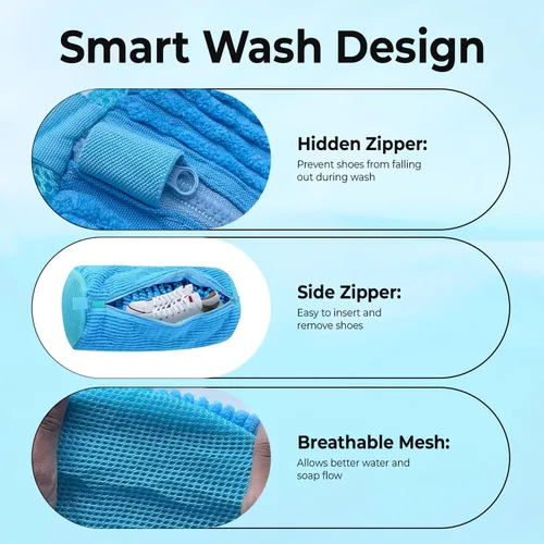 Miniatura 3 de 2 bolsas para lavadora de zapatos con un par de árbol de zapatos y 4 bolas desodorantes, bolsa de lavado de zapatos reutilizable con cremallera Azul
