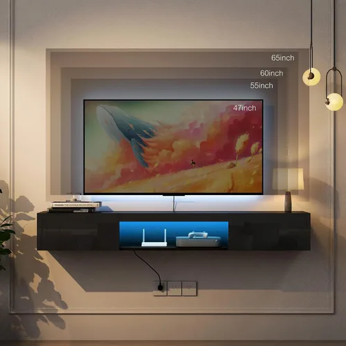 Miniatura 4 de Soporte flotante para TV montado en la pared con 20 LED de color, soporte de TV moderno de 63 pulgadas, gabinete de TV flotante centro