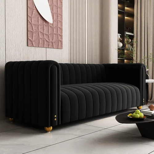Miniatura 7 de Sofá capitonado Chesterfield de terciopelo tapizado de 81 pulgadas de ancho, 3 plazas, cómodo sofá para sala de estar, dormitorio, oficina, Negro