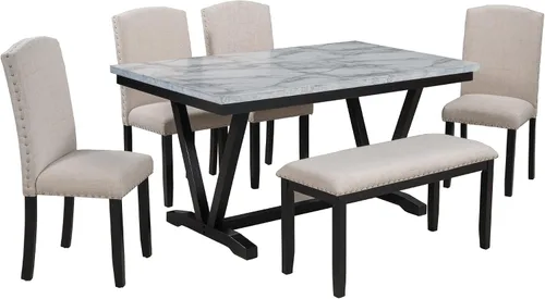 Miniatura 8 de Merax Juego de mesa de comedor de 6 piezas con banco, mesa de comedor rectangular con 4 sillas tapizadas y un banco, juego de sillas de mesa