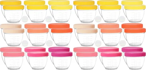 Youngever 18 juegos de almacenamiento de alimentos para bebés, recipientes de comida para bebés de 2 onzas con tapas, 9 colores rosas, con etiquetas