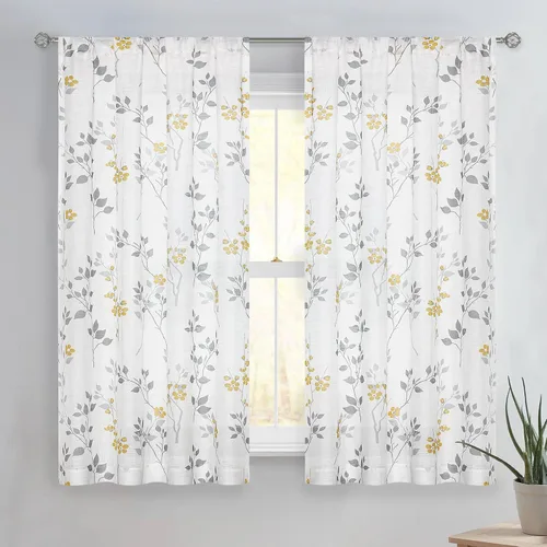 Miniatura 22 de Beauoop 2 paneles de cortinas semitraslúcidas de lino floral de 54 pulgadas de largo, para sala de estar o dormitorio, cortinas rústicas con textura