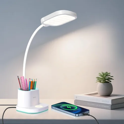 Miniatura 12 de Lámpara LED de escritorio para niños, pequeña y bonita luz de mesa con soporte para bolígrafo, lámpara de cuello de cisne rosa, proyector