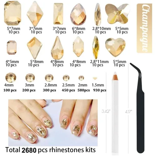 Miniatura 2 de 2680 diamantes de imitación para uñas color dorado champán, 120 dijes grandes de uñas doradas, piedras preciosas de diamante con cuentas redondas K9