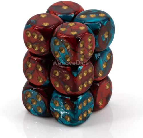 DND - Juego de dados poliédricos de plástico Géminis de 0.63 pulgadas, color rojo, verde azulado y dorado, dados de mazmorras y dragones, incluye 12