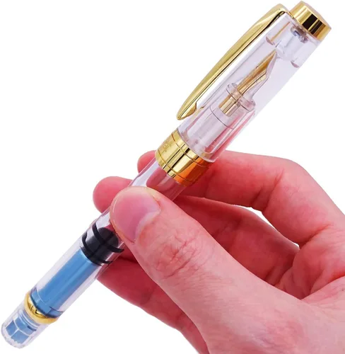 Miniatura 7 de erofa 【Actualizado】 Juego de 4 plumas estilográficas Yongsheng 3008 con pistón transparente con borde dorado extra fino de 0.015 in, bolígrafo