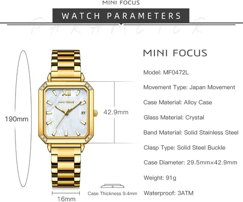 Miniatura 4 de Mini Focus - Reloj de pulsera elegante para mujer (caja de diamantes, esfera de madre de peramanecilla luminosacalendario) reloj de acero inoxidable