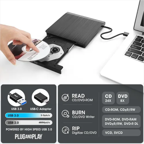 Miniatura 3 de Unidad de CD/DVD externa ROOFULL para portátil, USB 3.0, CD/DVD-ROM +/-RW, lector, reproductor, grabador, quemador, con estuche de transporte