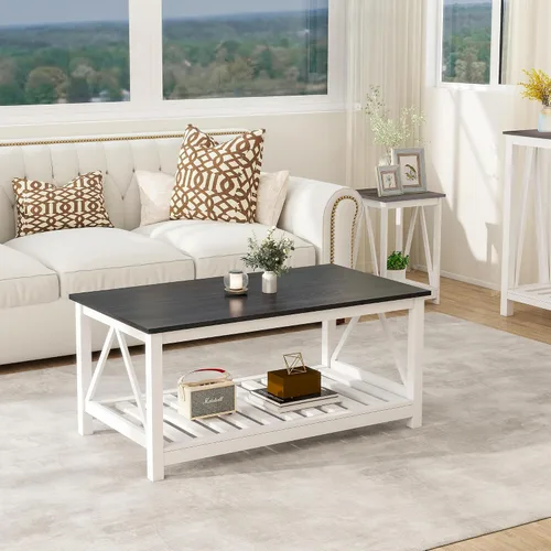 Miniatura 11 de Mesa de café de granja, mesa de café de roble blanco para sala de estar, mesa de centro rectangular de madera de 2 niveles con estante de listones