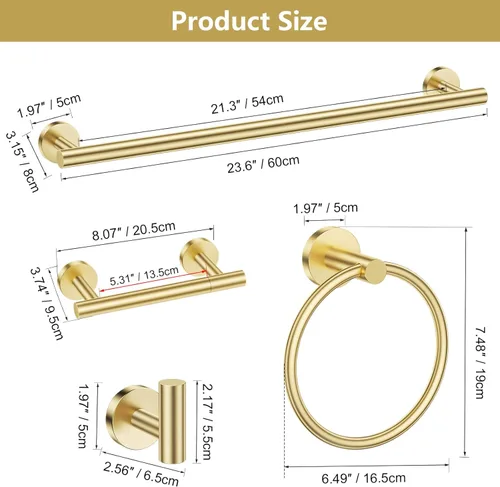 Miniatura 6 de TQKAG Juego de 5 piezas de accesorios de baño de oro cepillado 23.6" SUS304 Juego de toallero de baño de acero inoxidable Soporte de toalla de baño