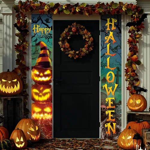 Tiamon 2 pancartas para puerta de Halloween, letreros de calabaza malvada y sombreros de bruja para puerta delantera, pared, porche y decoración de