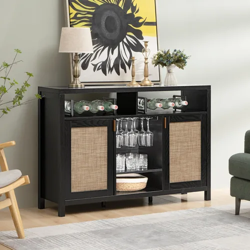 Miniatura 2 de SICOTAS - Gabinete de barra de café de ratán, aparador de buffet de 51" con almacenamiento, gabinete de licor moderno con estantes para vino