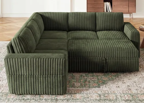 Miniatura 7 de HONBAY - Sofá seccional modular con cama desplegable, sofá en forma de L de pana con almacenamiento, sofás seccionales para sala de estar, verde