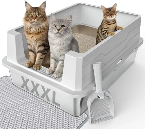 Miniatura 11 de FURTIME Caja de arena de acero inoxidable para gatos con tapa, caja de arena de metal para gatos pequeños, cajas de arena para gatitos con pala