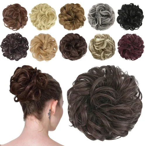 Miniatura 50 de FESHFEN Pieza de Cabello de Moño Desordenado - Extensiones Elásticas Onduladas Rizadas de Moño Scrunchies Sintético Chignon Postizos para Mujeres