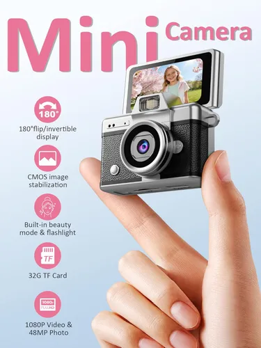 Miniatura 2 de Mini cámara con llavero, cámara digital 1080P con LCD de 1.47 pulgadas, tarjeta TF de 32 GB incluida, cámara retro de tamaño bolsillo para niños