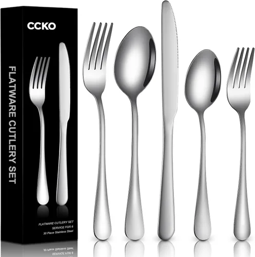 Juego de cubiertos de acero inoxidable de alta calidad para 6 cubiertos de acero inoxidable pulido con espejo, 30 piezas, tenedores y cucharas,