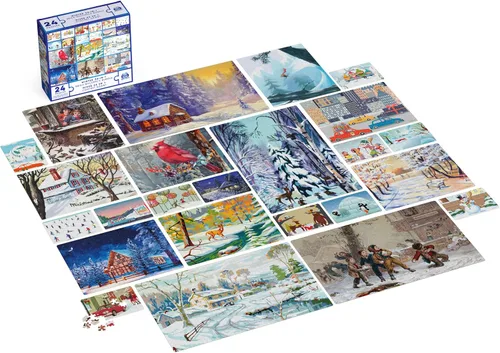 Miniatura 4 de Paquete de rompecabezas de 24 piezas, paisaje de ilustración de nieve de invierno navideño, 1000, 500, 300, 100, 48, 24 piezas, para niños y adultos