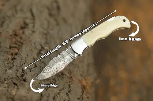 Miniatura 4 de Cuchillo de bolsillo de Damasco hecho a mano de 6.5 pulgadas para hombres, cuchillo de caza con funda para exteriores, camping, pesca, senderismo