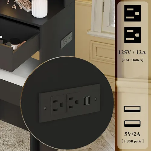 Miniatura 8 de Escritorio de tocador con espejo, luces y tira de corriente, tocador pequeño para espacios pequeños, mesa de maquillaje moderna con 4 cajones
