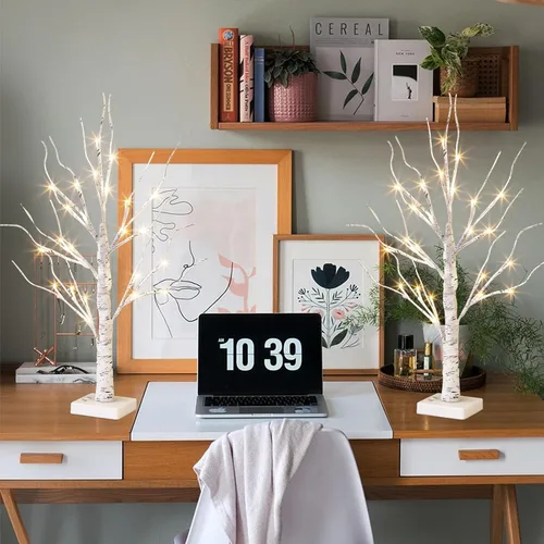 Miniatura 2 de Vanthylit - Juego de 2 árboles de abedul blancos con luces LED, árbol de mesa con temporizador, árbol de Navidad iluminado para decoración