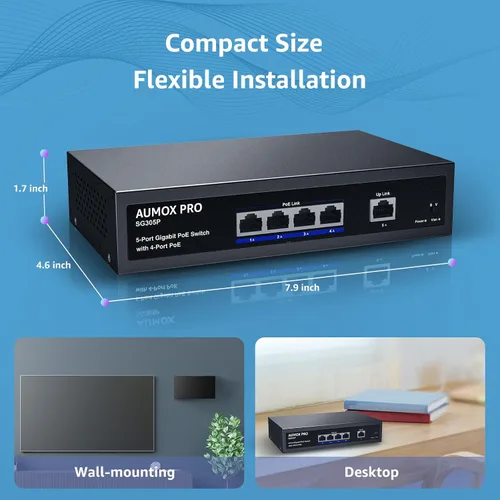 Miniatura 7 de Switch PoE Gigabit de 5 puertos, AUMOX PRO SG305P Switch Gigabit Ethernet PoE de 4 puertos no administrado con 1 puerto de enlace ascendente Gigabit