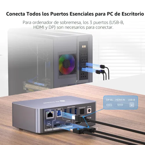 Miniatura 5 de Conmutador KVM AV Access 2 Monitores 2 Computadoras con Ethernet, EDID, 4K@60Hz/2K@144Hz/1080P@240Hz, Estación de acoplamiento KVM de monitor dual