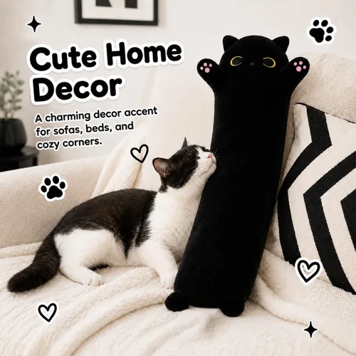 Miniatura 7 de Almohada de gato de felpa suave, almohada larga de juguete de animal de peluche para gatito, regalo para niños, novia (50CM, negro)